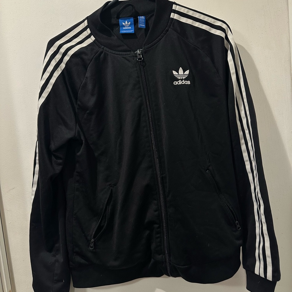 Adidas Black and White Bomber Jacket with Signature Stripes